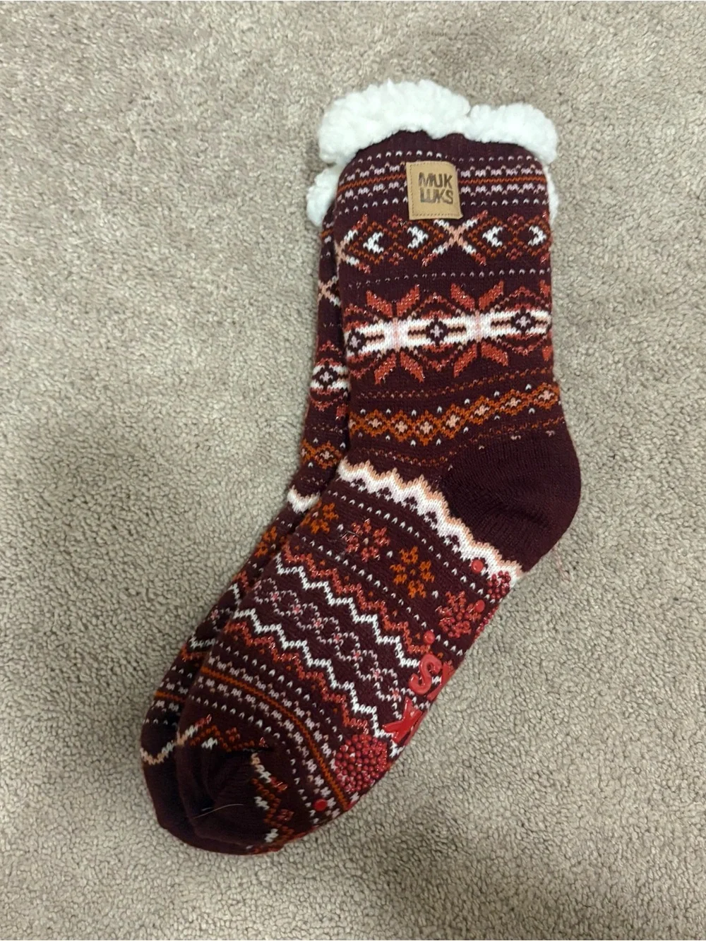 Muk Luks Women’s NEW Cozy Festive Sherpa Slipper Socks w/ Grip Size L/XL (8-10)